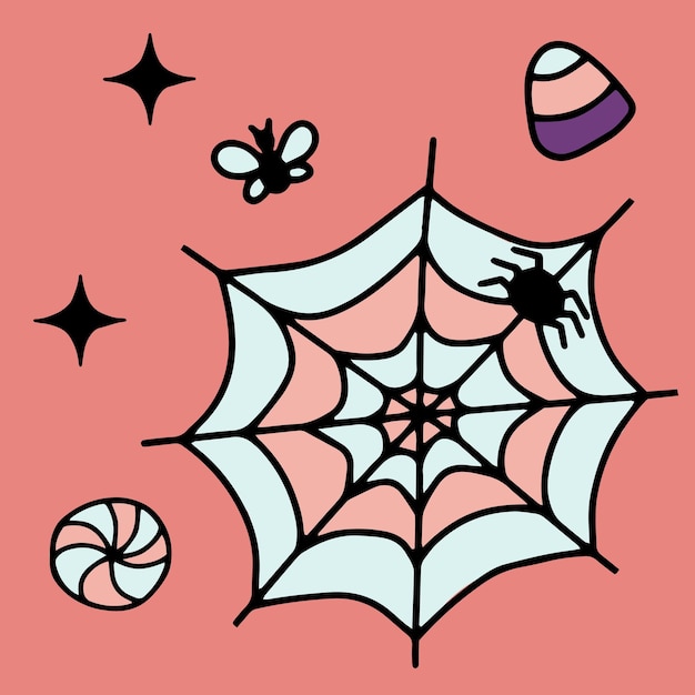Araña web araña volar dulces halloween doodle clipart vector