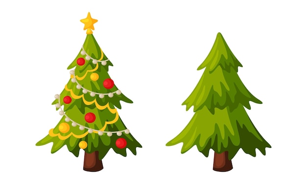 Árbol de abeto decorado con bolas como objeto de vacaciones de Feliz Navidad y conjunto vectorial de elementos