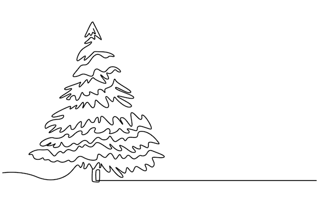 Árbol de abeto en estilo de dibujo artístico de línea continua Diseño lineal de abeto negro aislado en blanco