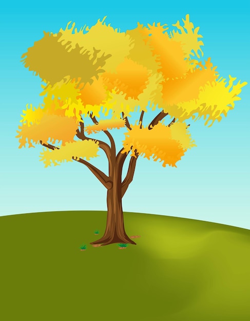 Vector Árbol amarillo de otoño natural con hojas coloridas en una montaña contra el cielo azul se acerca el otoño