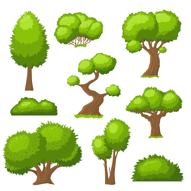 Árbol y arbusto de dibujos animados Arbustos de jardín arbustos aislados con hoja verde Paisaje arbustos al aire libre formas de plantas verdes flora forestal conjunto de vectores recientes