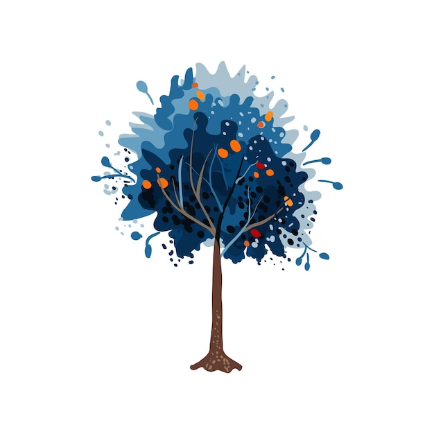 Árbol azul acuarela con hojas naranjas y amarillas ilustración vectorial dibujada a mano de invierno