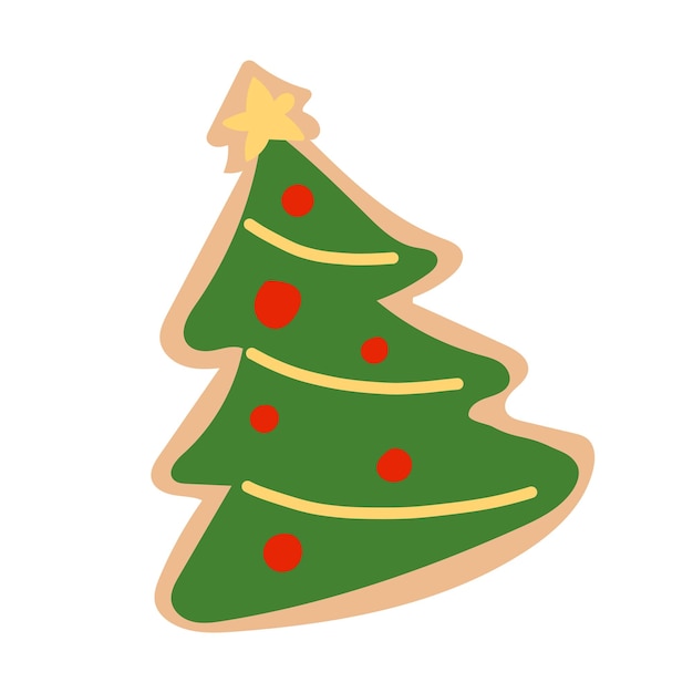 Árbol brillante brillante de Navidad Árbol de Navidad con una estrella y decoraciones Bolas de juguetes Garland Feliz año nuevo Galletas de pan de jengibre para celebración Noche de gala Icono plano