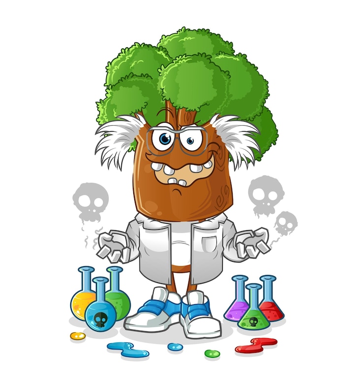 Vector árbol, cabeza, caricatura, científico loco, ilustración, carácter, vector