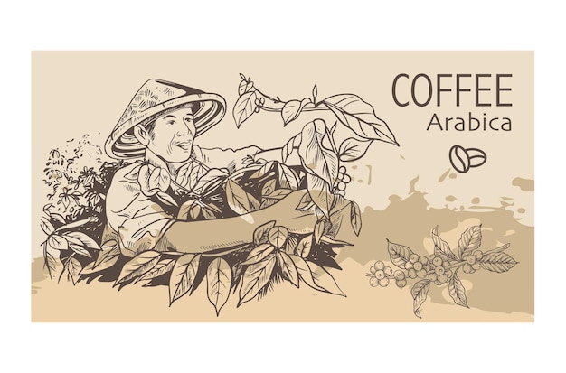 árbol de café y agricultor de dibujo de tinta para el embalaje de etiquetas pegatinas cartel promocional pancarta