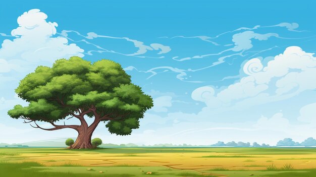 Vector un árbol en un campo con un cielo azul y nubes