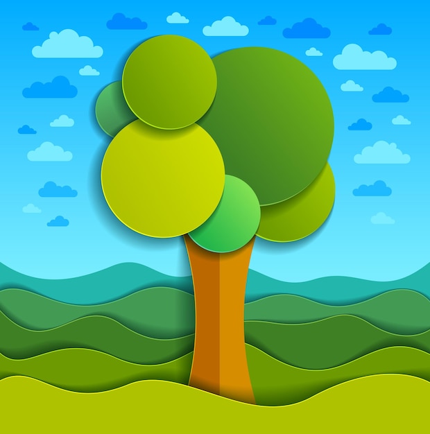 Árbol en el campo naturaleza escénica paisaje dibujos animados estilo moderno corte de papel ilustración vectorial.