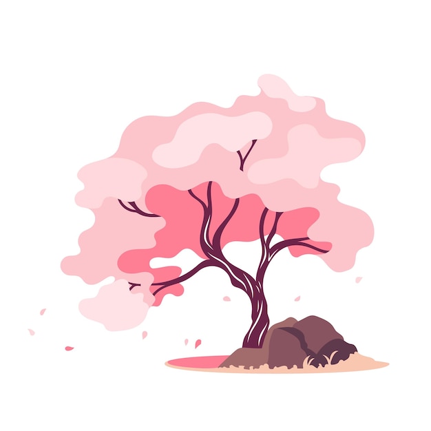 Árbol de cereza en flor rosa de primavera Elemento de diseño de la icónica madera de sakura japonesa en flor Vector plano