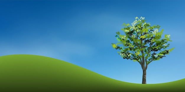 Árbol con césped verde colina o zona de montaña y cielo azul. Parque de fondo abstracto y al aire libre para la idea de diseño de paisaje. Ilustración vectorial.