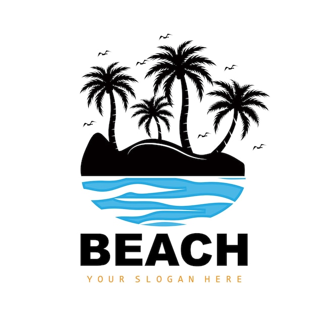 Árbol de coco y playa Logo Océano Naturaleza Paisaje Diseño Playa Icono Planta Vector