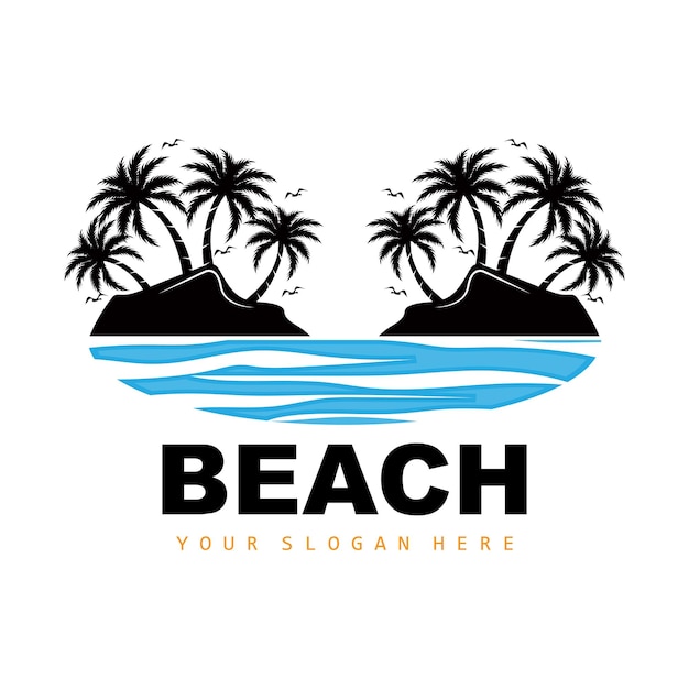 Árbol de coco y playa Logo Océano Naturaleza Paisaje Diseño Playa Icono Planta Vector