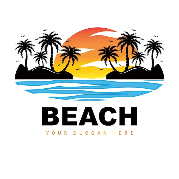 Árbol de coco y playa Logo Océano Naturaleza Paisaje Diseño Playa Icono Planta Vector