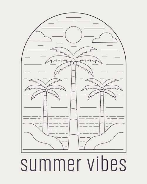 El árbol de coco y la playa en verano árbol árbol de cocos mar mono línea camiseta vector de diseño de insignia