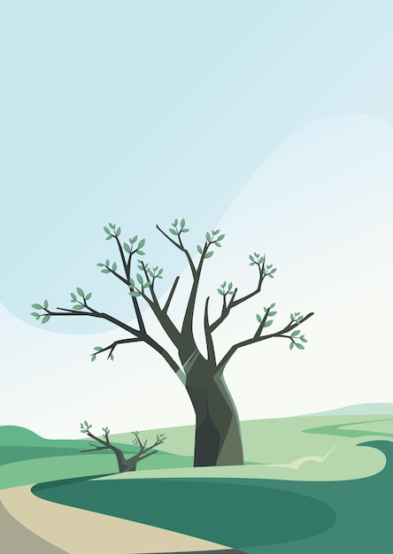 Árbol en la colina en primavera. Paisaje natural en orientación vertical.