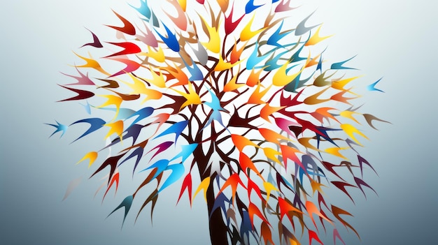 Vector un árbol colorido con muchos pájaros volando a su alrededor
