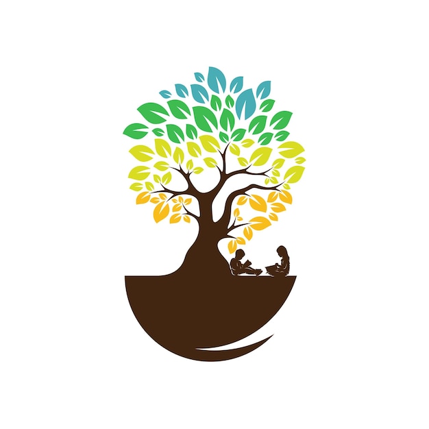 Árbol colorido con niños leer libro sueño logo vector plantilla ilustración símbolo diseño creativo