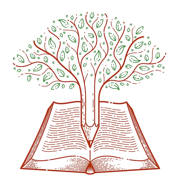 Árbol combinado con lápiz sobre educación de libros vintage abiertos o concepto de conocimiento científico, logotipo o emblema vectorial de la biblioteca de literatura educativa o científica.