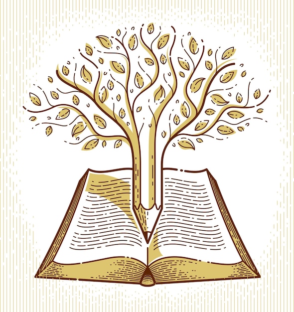 Árbol combinado con lápiz sobre educación de libros vintage abiertos o concepto de conocimiento científico, logotipo o emblema vectorial de la biblioteca de literatura educativa o científica.