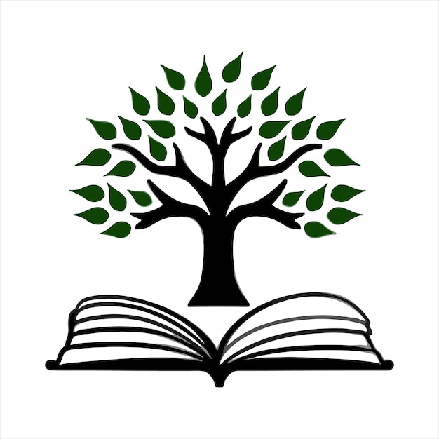 Árbol del conocimiento de libro abierto en blanco y negro sobre fondo blanco
