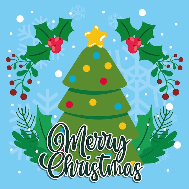 Árbol con decoraciones de holly Vector
