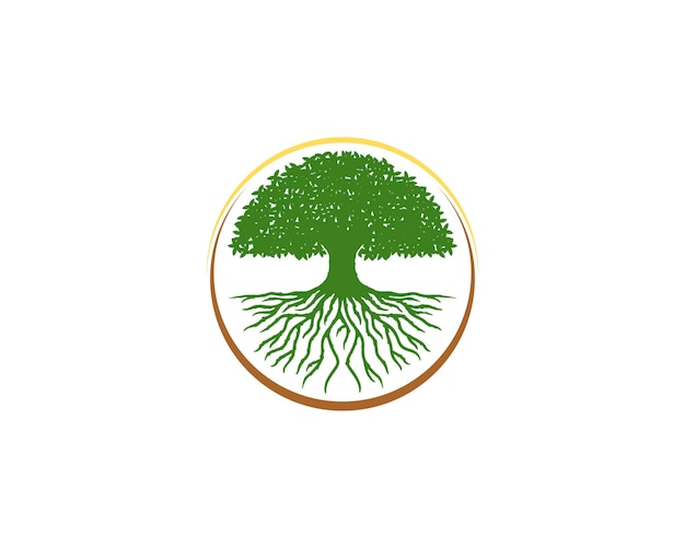 Árbol denso y raíces dentro del logo del círculo.