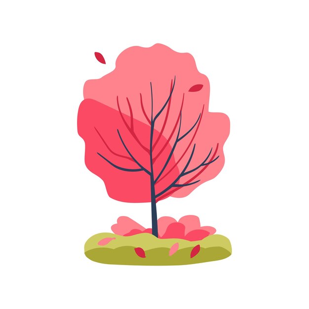 Árbol dibujado a mano con hojas rojas y rosas y hierba diseño simple icono de ilustración vectorial plano