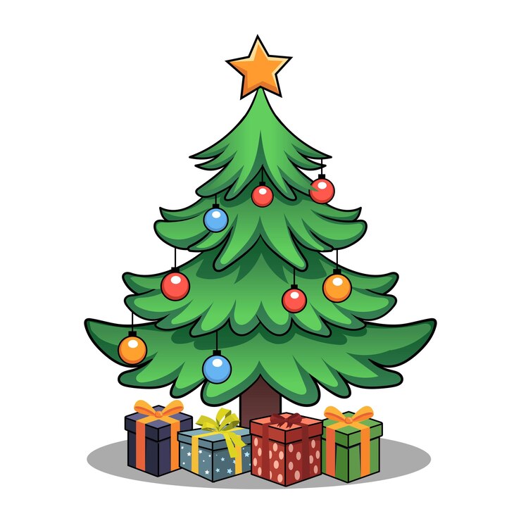 Vector árbol de dibujos animados de navidad con caja de regalos ilustración de arte vectorial