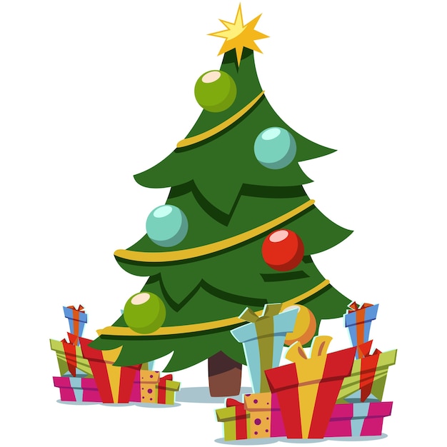 Vector Árbol de dibujos animados de navidad decorado y pila de cajas de regalos. icono de plano aislado sobre fondo blanco.