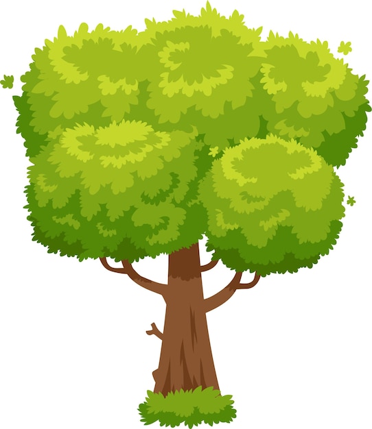 Árbol de dibujos animados con tronco marrón, hojas verdes y hierba en la base aislado sobre un fondo blanco que representa el crecimiento de la naturaleza y los conceptos ambientales