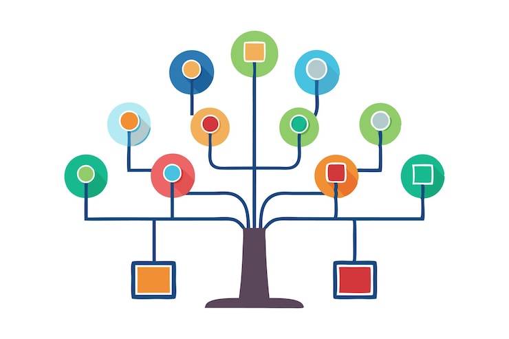 Vector árbol digital con nodos conectados que representan el crecimiento de una red de datos y el procesamiento de la información