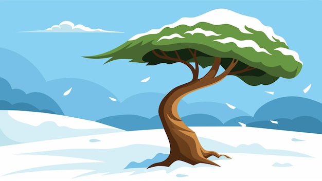 Un árbol doblando bajo el peso de la nieve pesada pero todavía de pie alto e ilustración vectorial sy