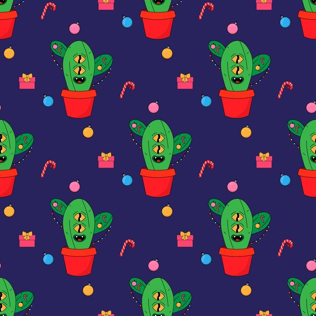 Árbol ecológico de cactus de Navidad en estilo psicodélico y maravilloso Patrón sin costuras en tela para envolver ropa de cama de papel