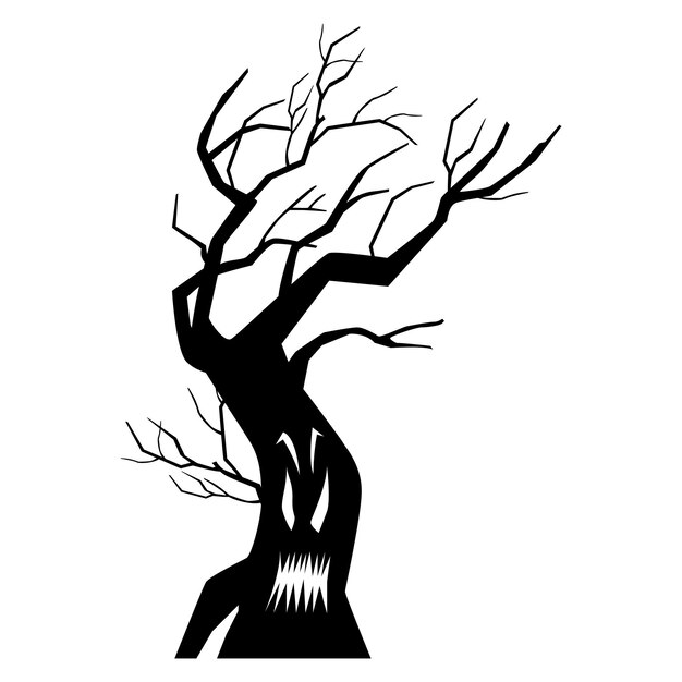 Árbol espeluznante de Halloween con cara tallada aterradora ilustración de silueta negra