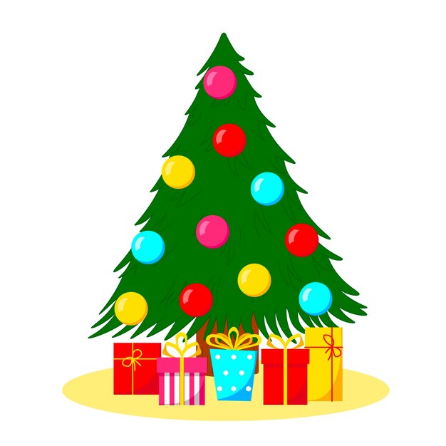 El árbol está decorado con bolas con regalos debajo. Ilustración de vector de Navidad