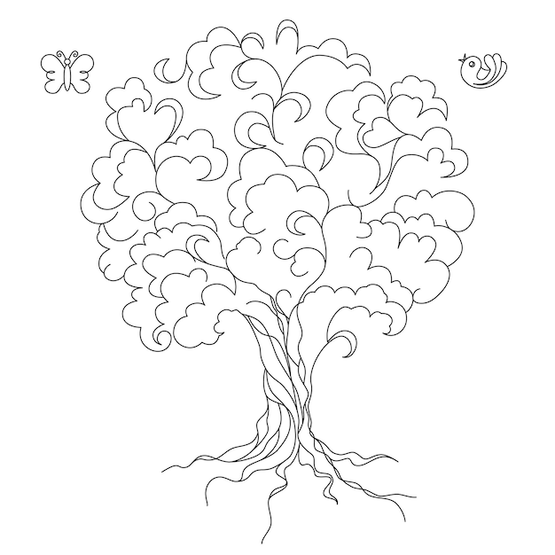Árbol estilizado con una mariposa y un pájaro sobre un fondo blanco.