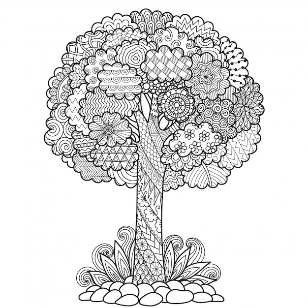 Árbol de estilo zentangle, página para colorear