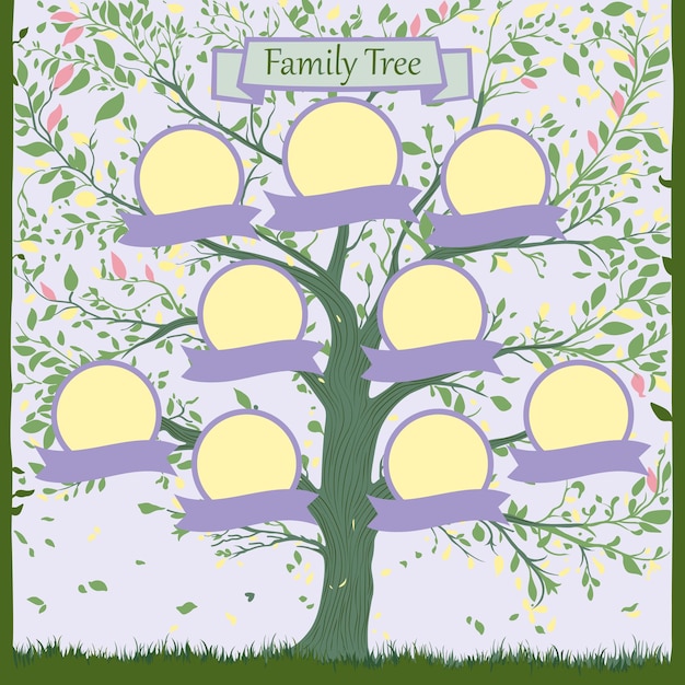Árbol familiar con hojas decorativas en tonos verdes Árbol familiar de tres generaciones