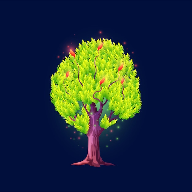 Árbol de fantasía de dibujos animados con destellos planta alienígena luminosa vector aislado mágico madera inusual con corona de brillo verde y crecimientos rojos árbol extraño para juego de cuento de hadas o ilustración de libro