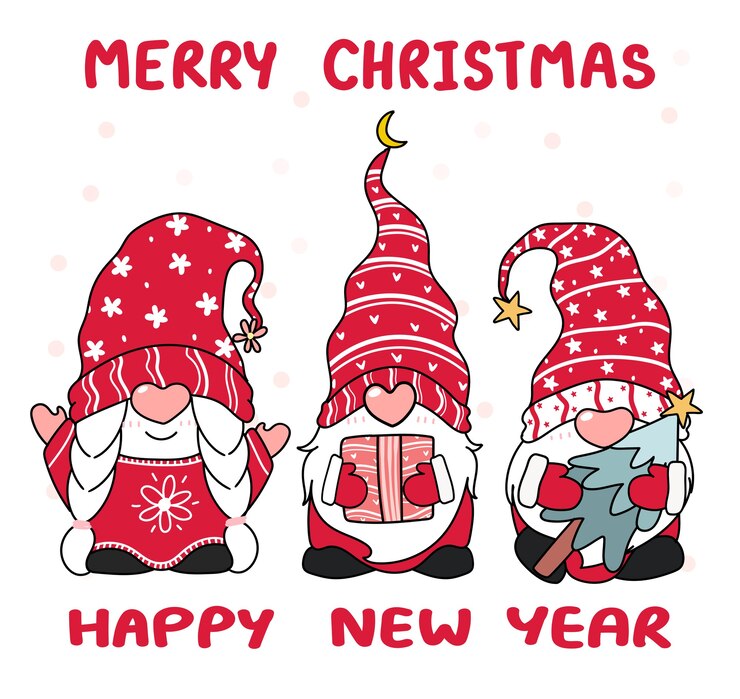Vector árbol feliz pequeño gnomo con sombrero rojo, feliz navidad, contorno de vecotr de dibujos animados, idea para tarjeta de felicitación, impresión infantil