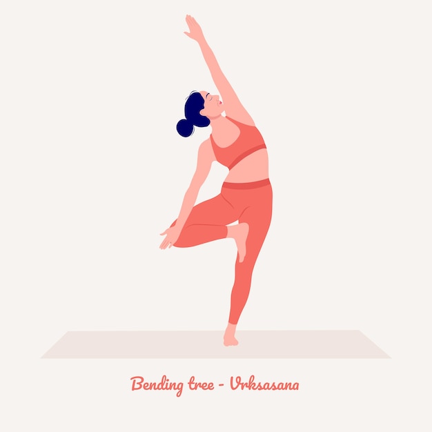 árbol de flexión, pose de yoga, mujer joven, practicar, yoga, ejercicio
