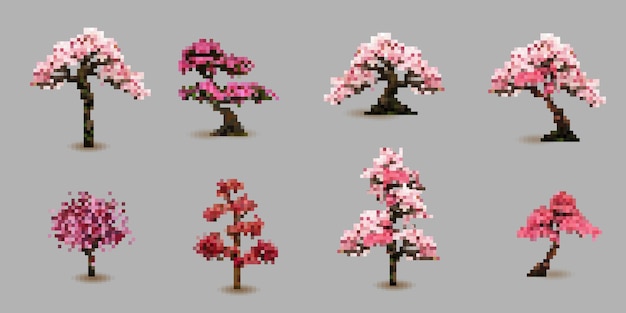 Árbol en flor pixel art árbol de sakura con flores conjunto vectorial