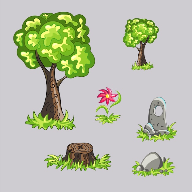 El árbol una flor un tocón de árbol y dos piedras Hermosos objetos de juego