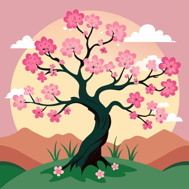 un árbol con flores rosas en él y un cielo rosado detrás de él
