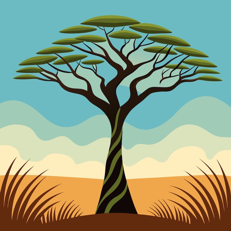 Vector un árbol con un fondo verde y marrón con un cielo azul y un campo marrón