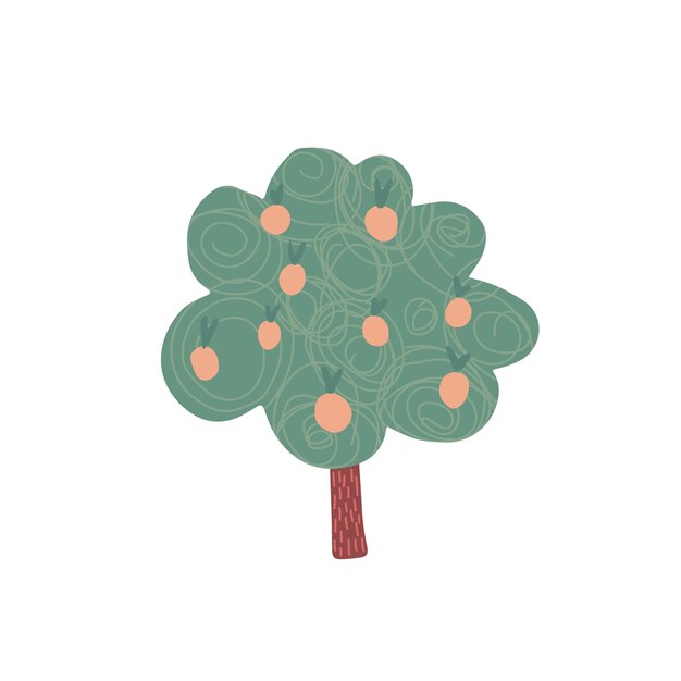Árbol frutal en estilo dibujado a mano aislado sobre fondo blanco Manzano de dibujos animados