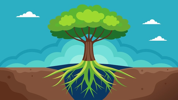 Vector un árbol con un fuerte sistema de raíces profundas que se extiende hasta la tierra que representa la importancia de