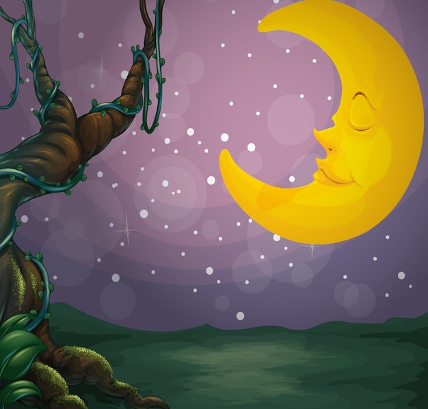 Un árbol gigante y una luna dormida