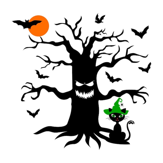 Árbol grande con ojos boca Luna llena y murciélagos Gato Halloween Silueta negra