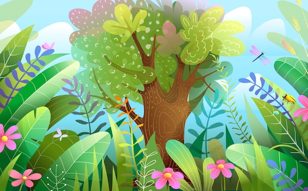 Árbol grande en el paisaje del bosque mágico Fondo de pantalla para niños
