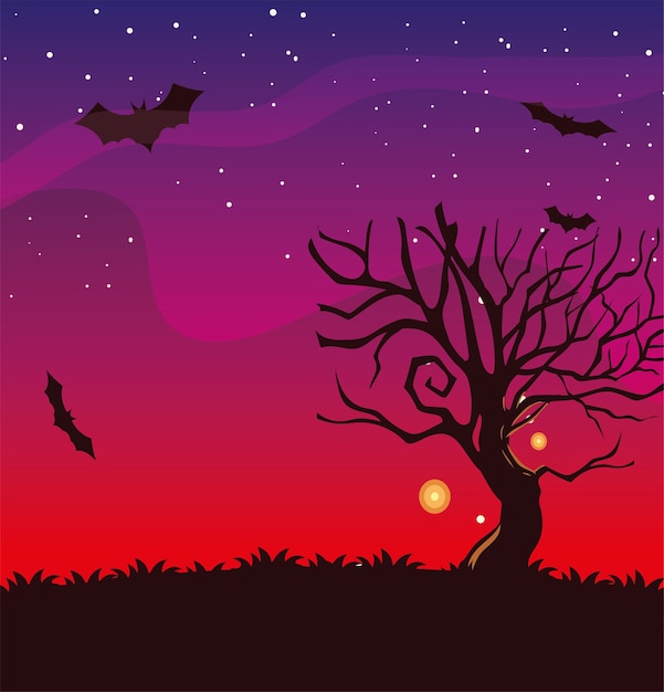 Árbol de halloween y murciélagos en el diseño de la noche, vacaciones e ilustración de tema aterrador